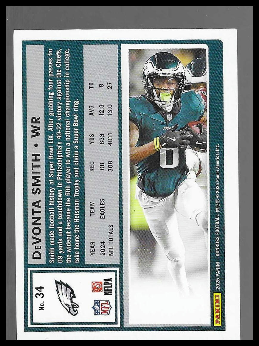 2025 Donruss #34 DeVonta Smith Press Proofs Purple Philadelphia Eagles