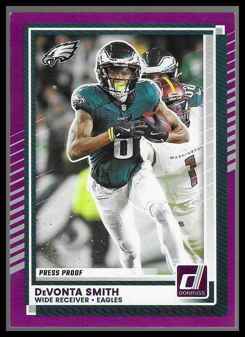 2025 Donruss #34 DeVonta Smith Press Proofs Purple Philadelphia Eagles