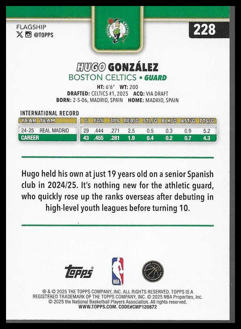 2025-26 Topps #228 Hugo González Season Tip Off Boston Celtics Rookie