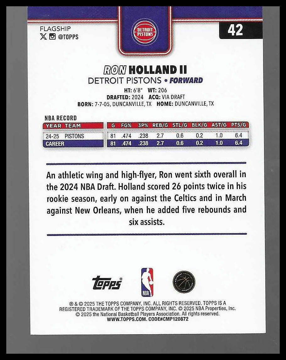 2025-26 Topps #42 Ron Holland II Sandglitter Detroit Pistons