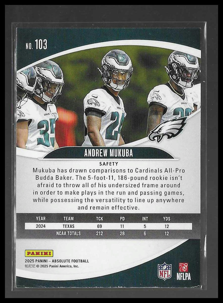 2025 Panini Absolute #103 Andrew Mukuba Red & Green Philadelphia Eagles Rookie