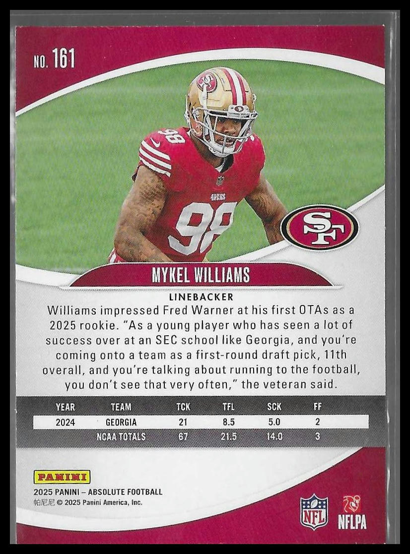 2025 Panini Absolute #161 Mykel Williams Red & Green San Francisco 49ers Rookie