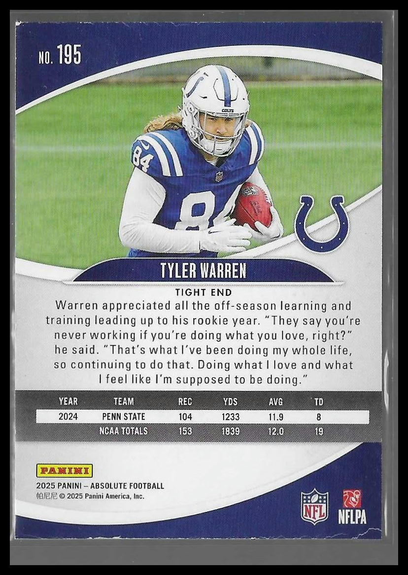 2025 Panini Absolute #195 Tyler Warren Red & Green Indianapolis Colts Rookie