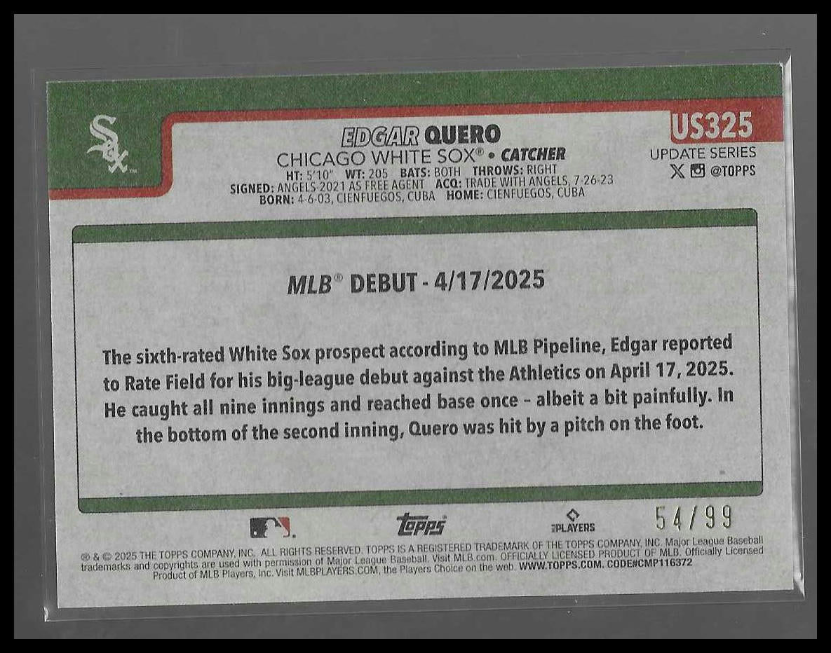 2025 Topps Update #US325 Edgar Quero Vintage Stock #/99
