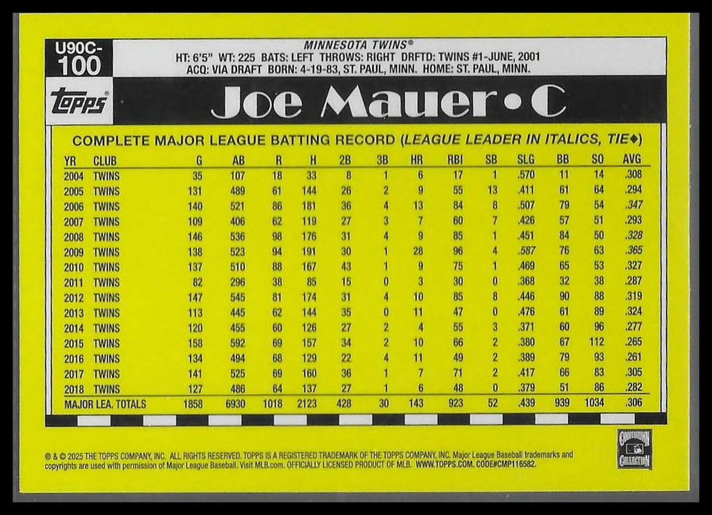 2025 Topps Update #U90C-100 Joe Mauer 1990 Topps Baseball Chrome Silver Pack