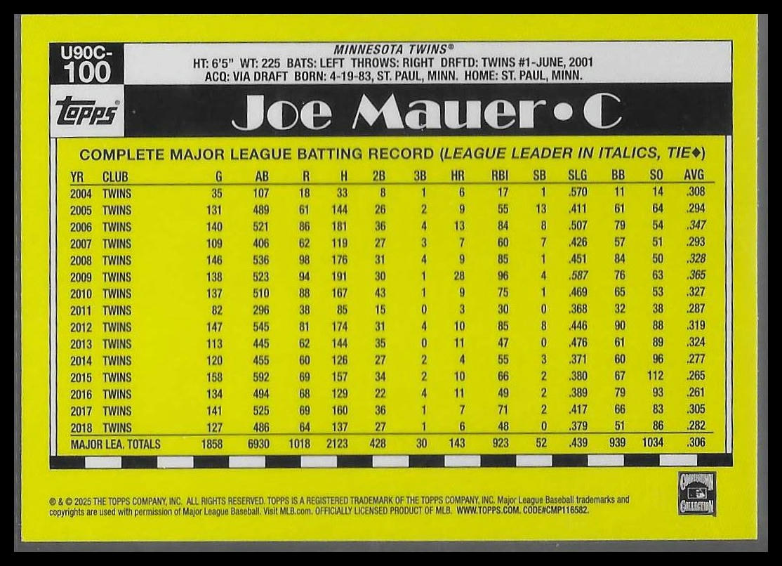 2025 Topps Update #U90C-100 Joe Mauer 1990 Topps Baseball Chrome Silver Pack