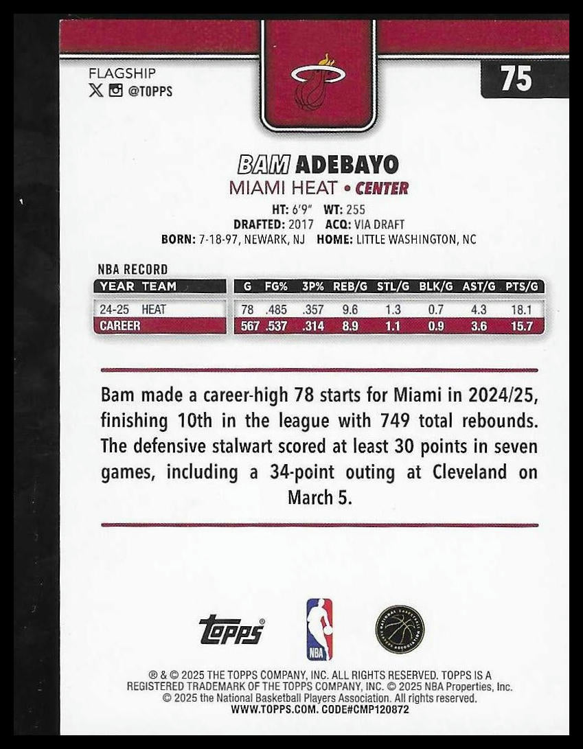 2025-26 Topps #75 Bam Adebayo Pink Holo Foil Miami Heat