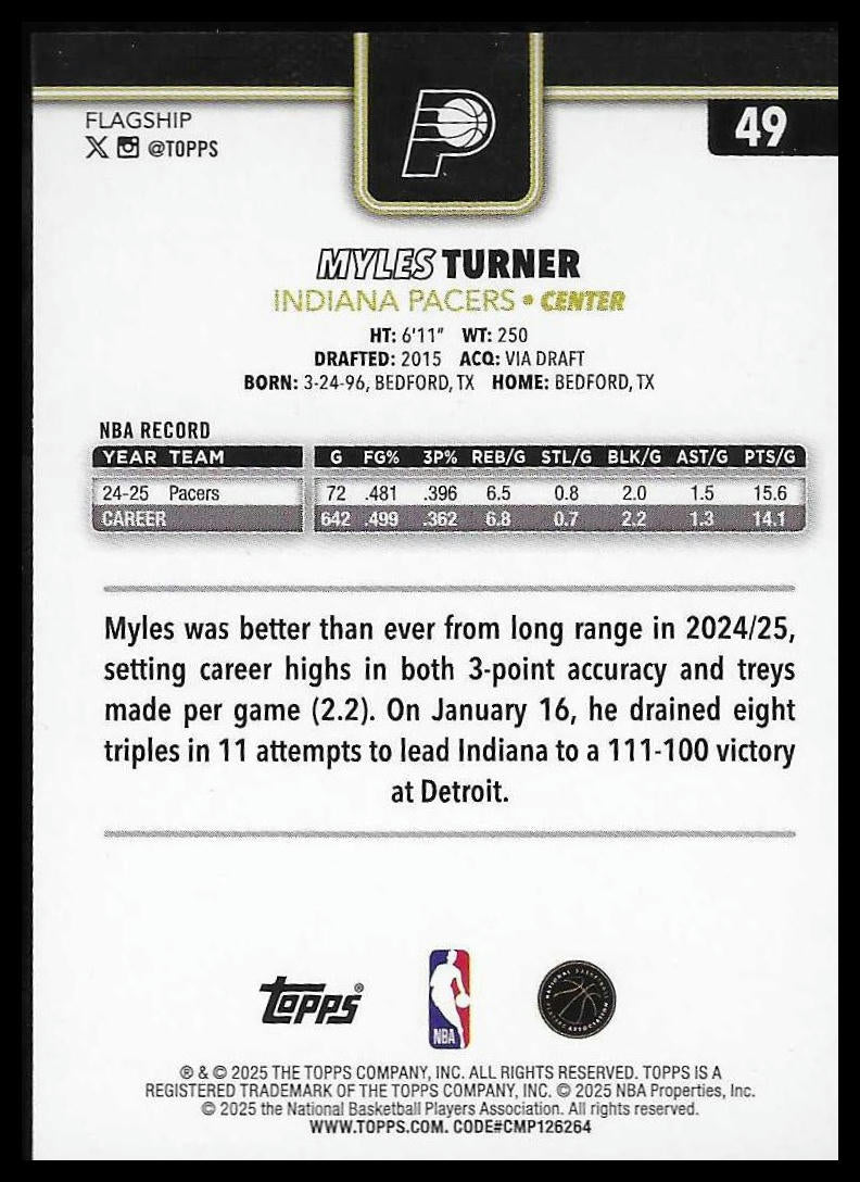 2025-26 Topps Basketball Myles Turner #49 Blackout Parallel Target EXCL. SP