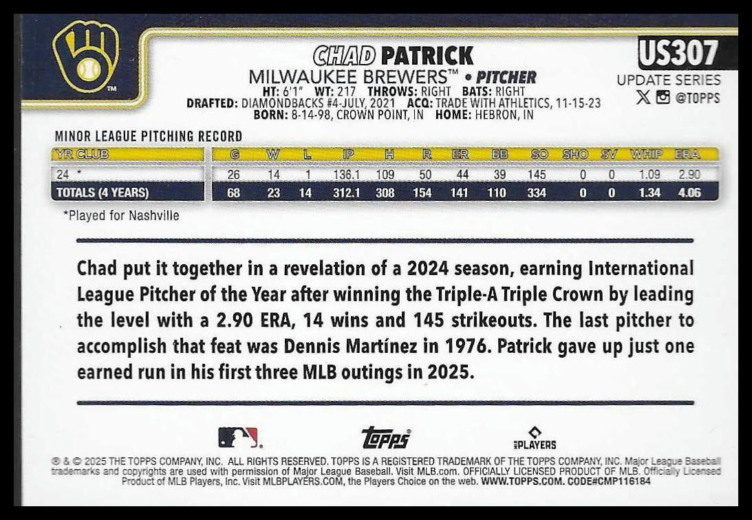 2025 Topps Update #US307 Chad Patrick Diamante Foil Milwaukee Brewers Rookie