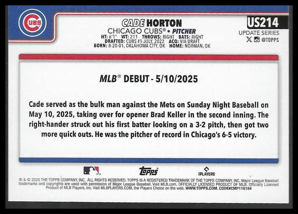 2025 Topps Update #US214 Cade Horton Holiday Chicago Cubs Rookie