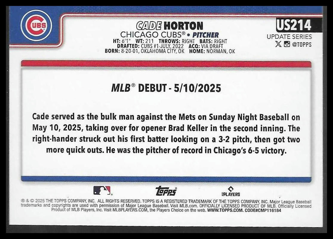 2025 Topps Update #US214 Cade Horton Holiday Chicago Cubs Rookie