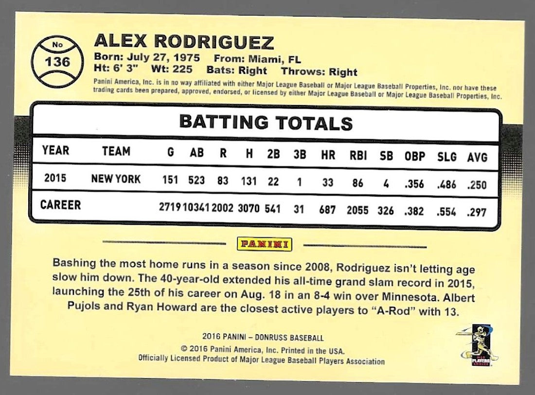 2016 Donruss #138 Alex Rodriguez Black Border #/199 New York Yankees
