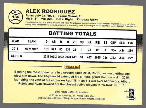 2016 Donruss #138 Alex Rodriguez Black Border #/199 New York Yankees
