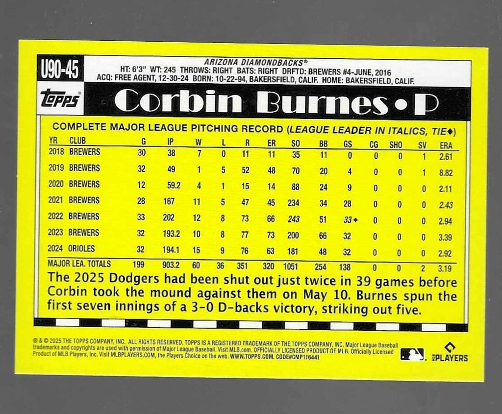 2025 Topps Update #U90-45 Corbin Burnes 1990 Topps Baseball 35th Holo Foil